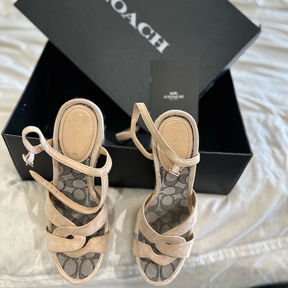 Coach Tan Sandals with Strappy Design and Medium Heel